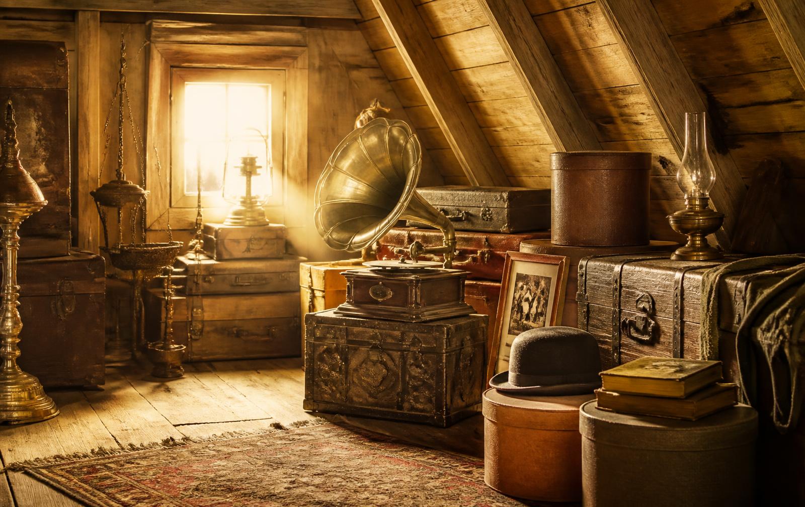 A sunlit attic filled with brass lamps, trunks and a gramophone